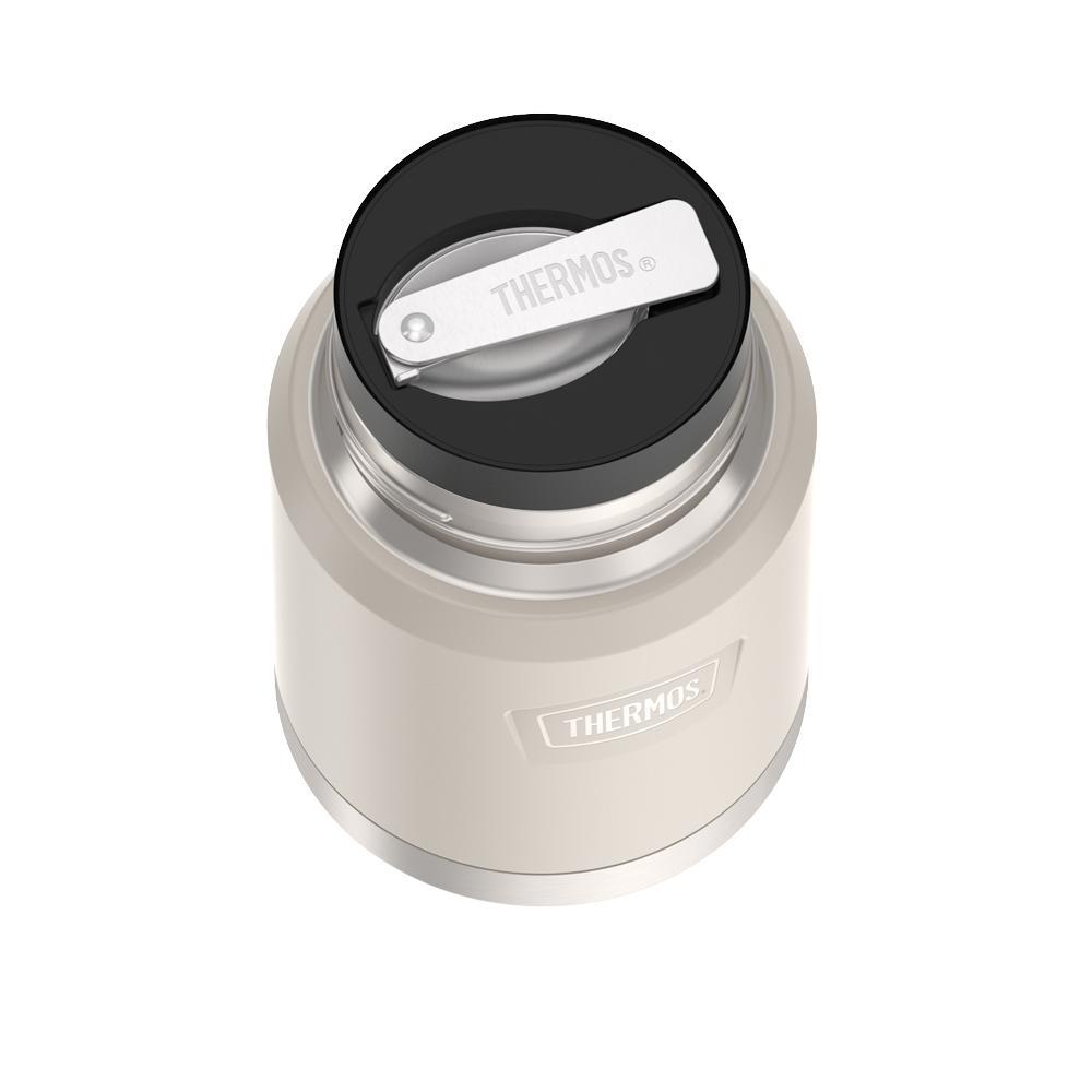 16 ounce Thermos Food Jar with stainless steel spoon, top view of spoon folded inside of spoon holder, Sandstone Beige.