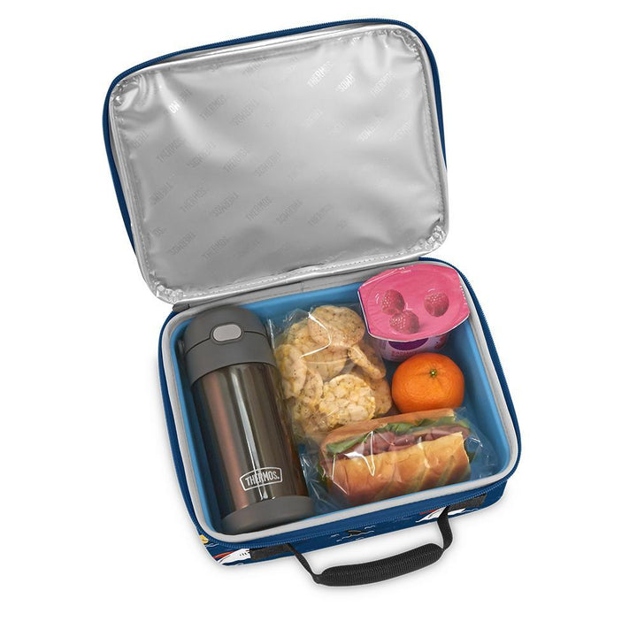 Kid lunch box with cute, smiling shark heads poking out of water.