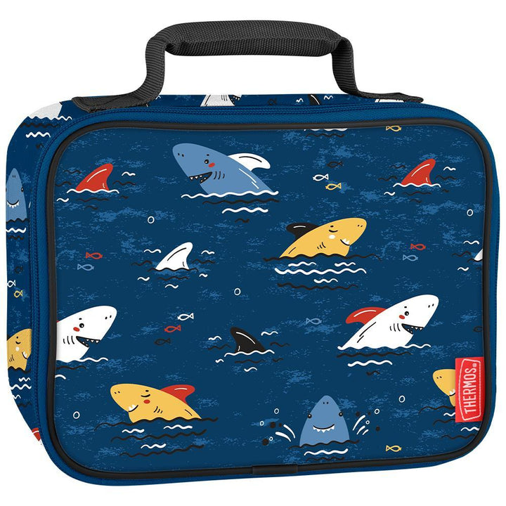 Kid lunch box with cute, smiling shark heads poking out of water.