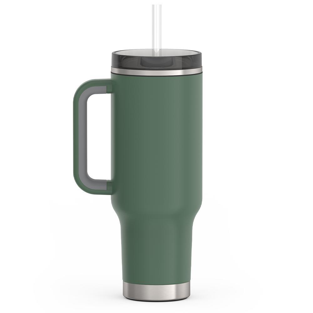 Thermos 40 ounce stainless steel cup holder mug with straw.