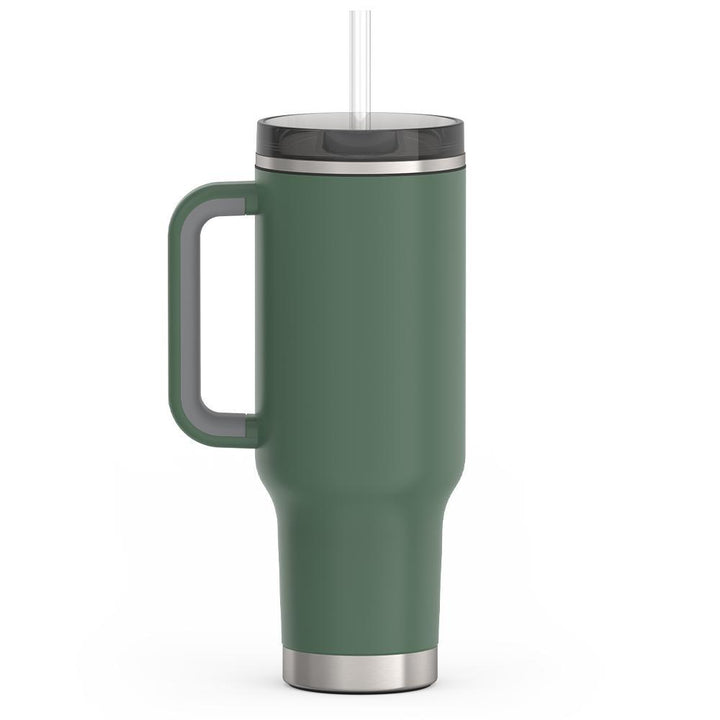 Thermos 40 ounce stainless steel cup holder mug with straw.