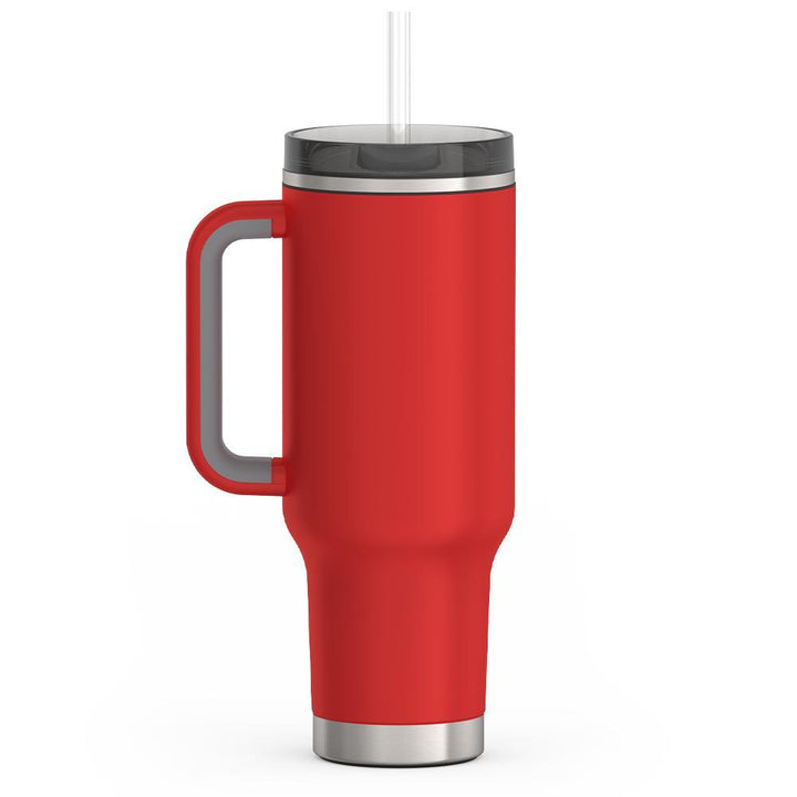 Thermos 40 ounce stainless steel cup holder mug with straw.