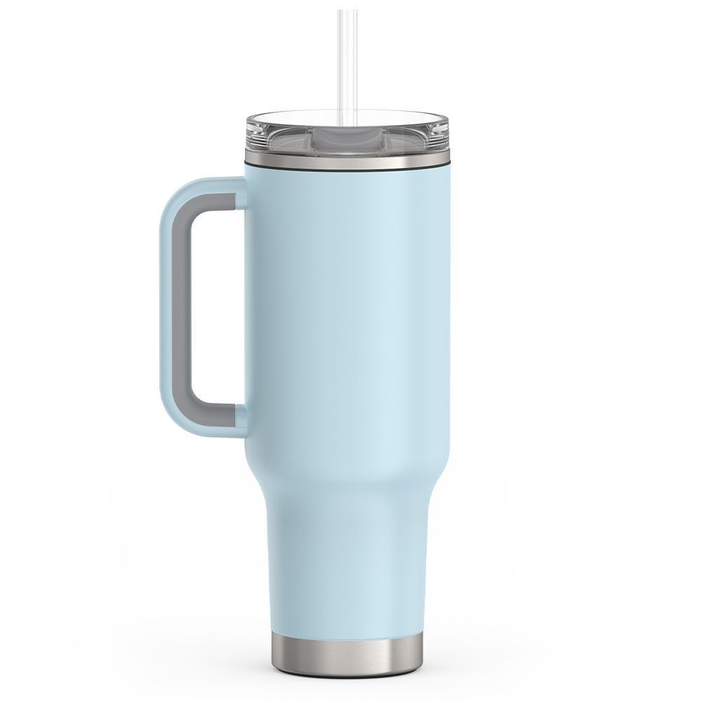 Thermos 40 ounce stainless steel cup holder mug with straw.