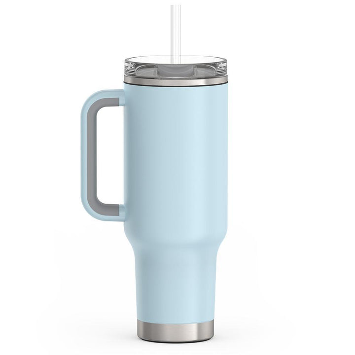 Thermos 40 ounce stainless steel cup holder mug with straw.