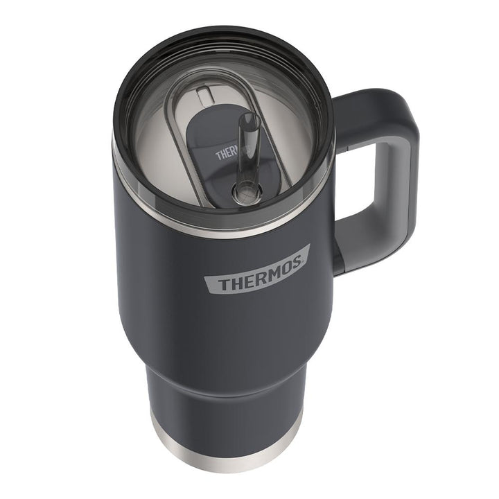 40 ounce Cup Holder Mug, Lid inset with straw, Granite with Smoke Lid