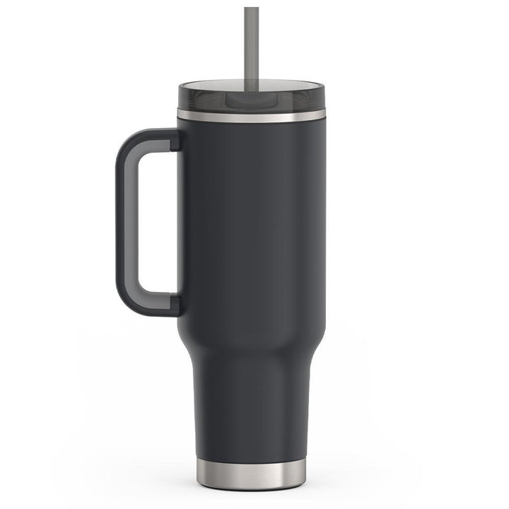 Thermos 40 ounce stainless steel cup holder mug with straw.