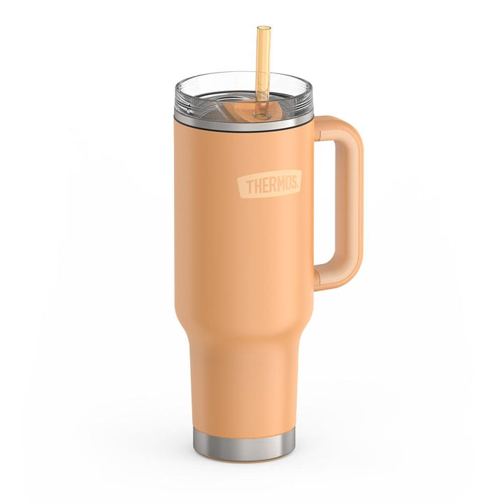 Thermos 40 ounce stainless steel cup holder mug with straw.