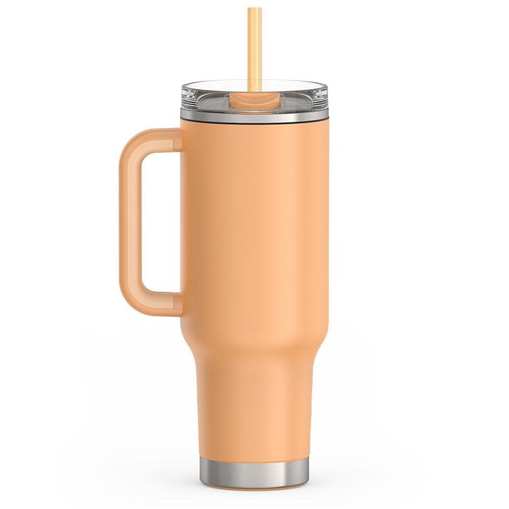Thermos 40 ounce stainless steel cup holder mug with straw.