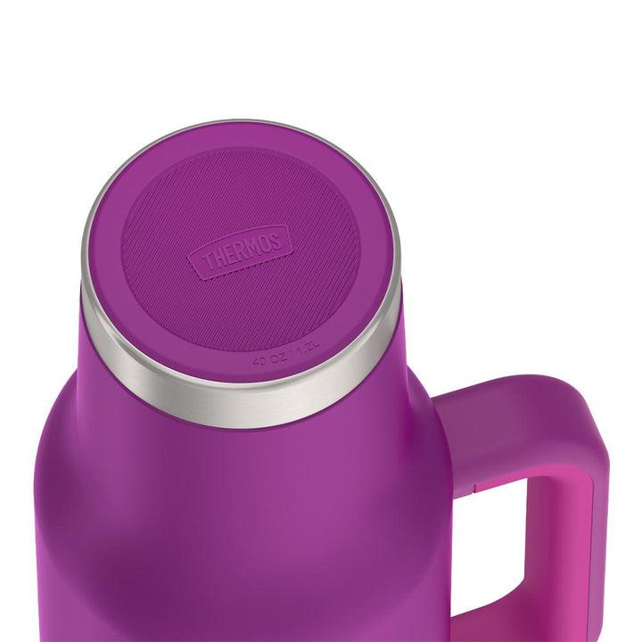 Thermos 40 ounce stainless steel cup holder mug with straw.