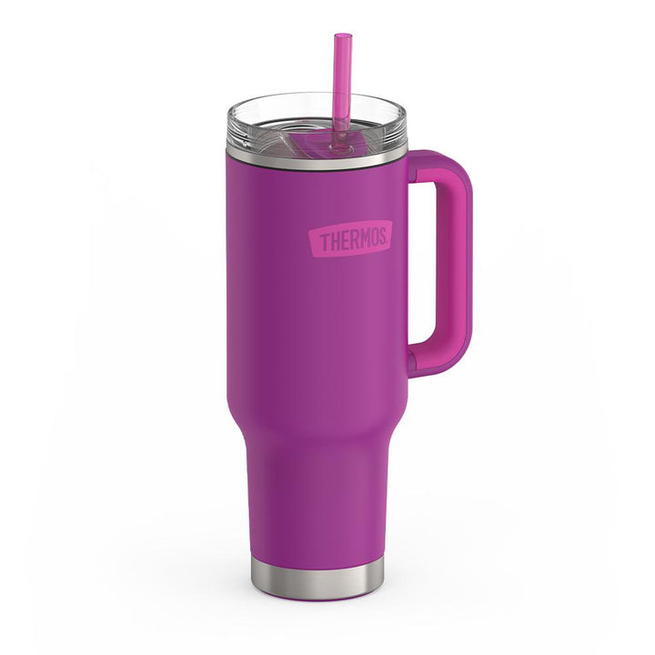 Thermos 40 ounce stainless steel cup holder mug with straw.