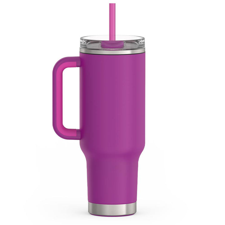 Thermos 40 ounce stainless steel cup holder mug with straw.