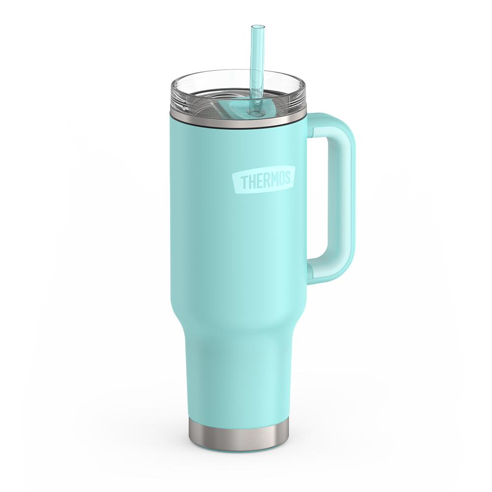 Thermos 40 ounce stainless steel cup holder mug with straw.