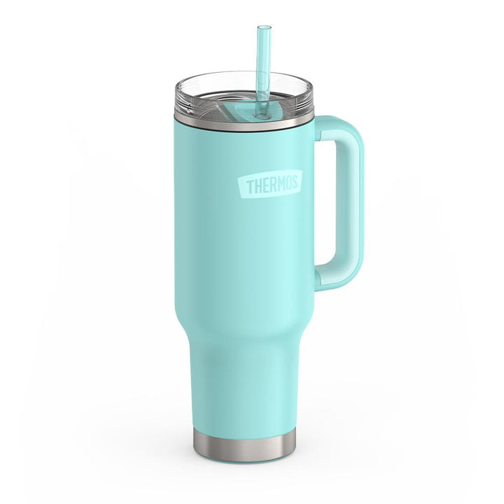Thermos 40 ounce stainless steel cup holder mug with straw.