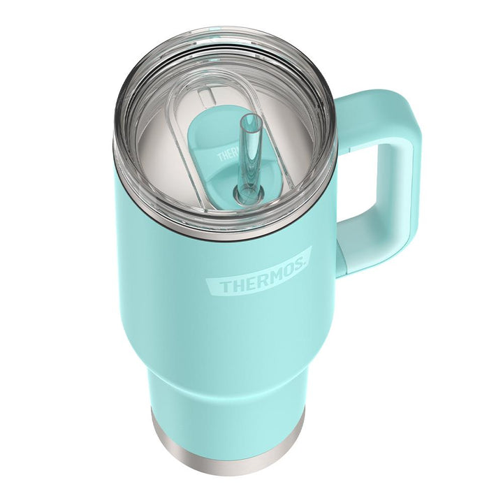 Thermos 40 ounce stainless steel cup holder mug with straw.