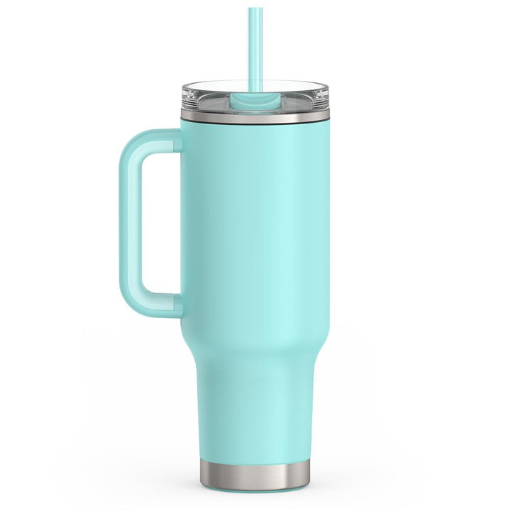 Thermos 40 ounce stainless steel cup holder mug with straw.