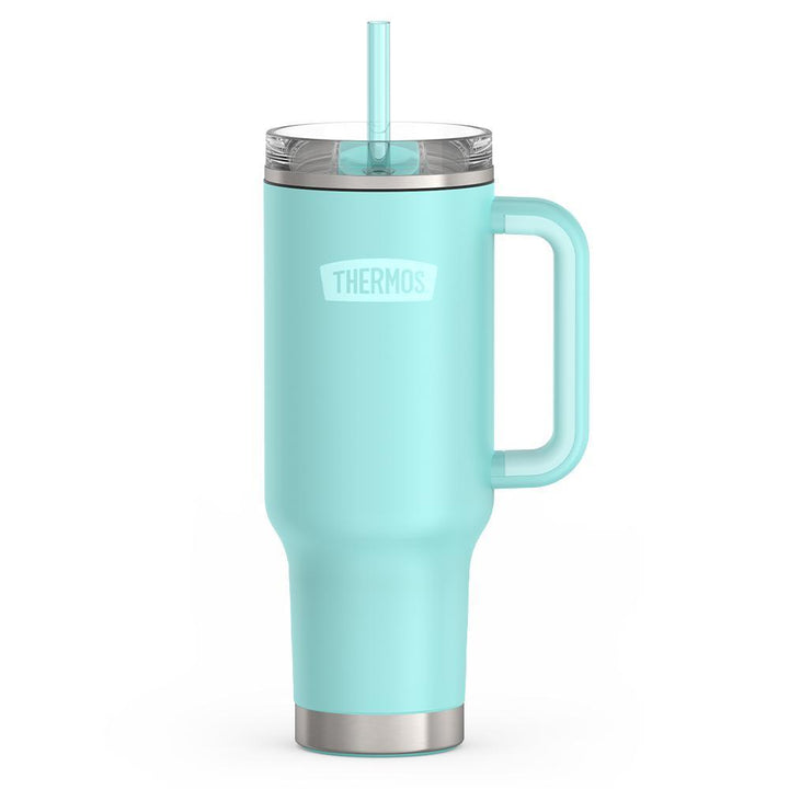 Thermos 40 ounce stainless steel cup holder mug with straw.