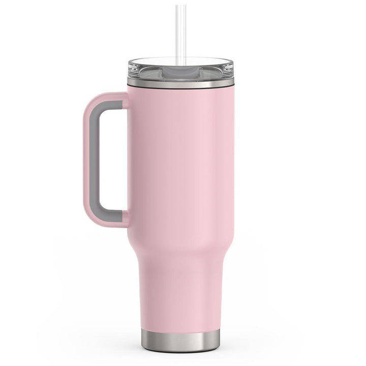 Thermos 40 ounce stainless steel cup holder mug with straw.