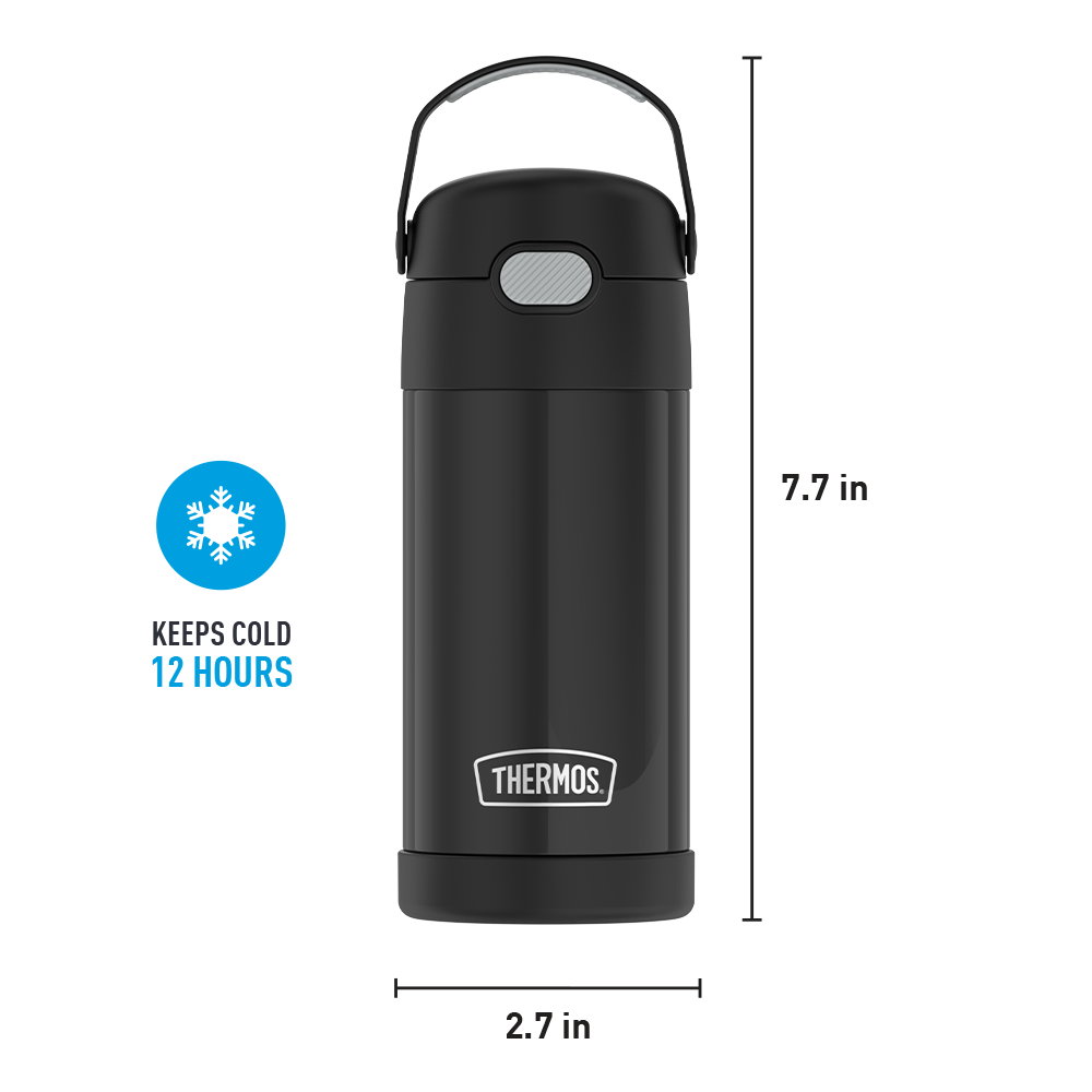 12 ounce Funtainer water bottle, black, 12 hours cold.