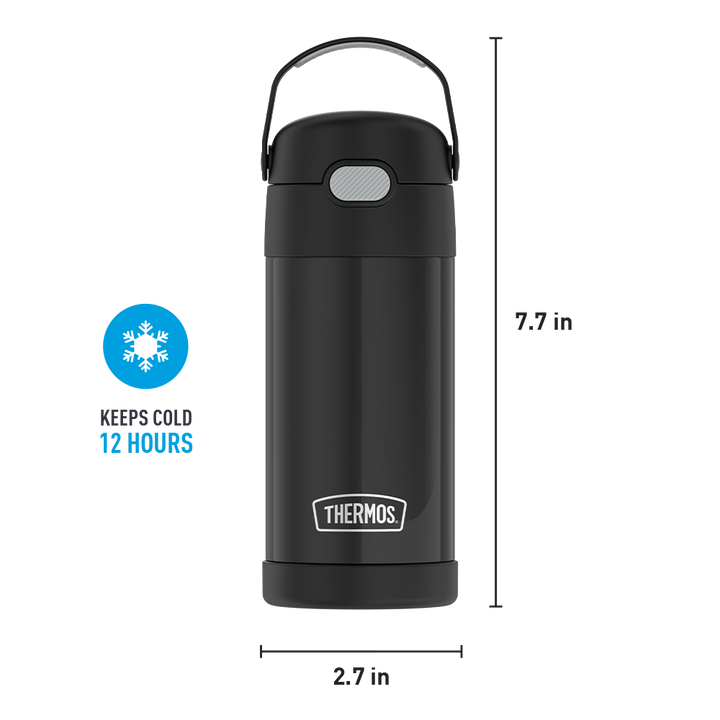 12 ounce Funtainer water bottle, black, 12 hours cold.