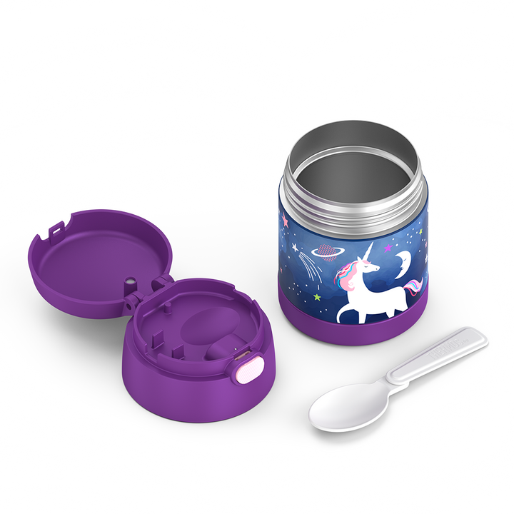 10 ounce Funtainer food jar, unicorn in space disassembled with lid open, but empty to show spoon compartment and spoon next to jar, unfolded.