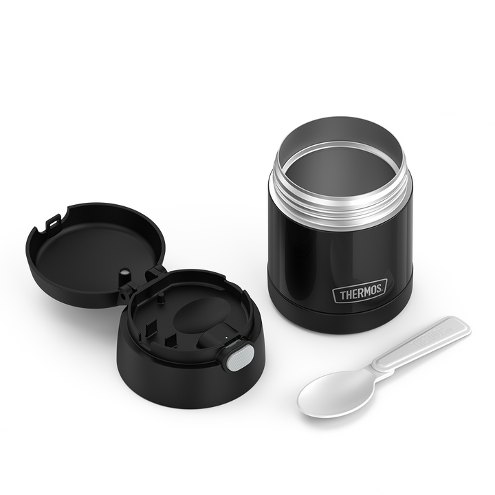 10 ounce Funtainer food jar, unassembled with lid's spoon compartment open and spoon unfolded.