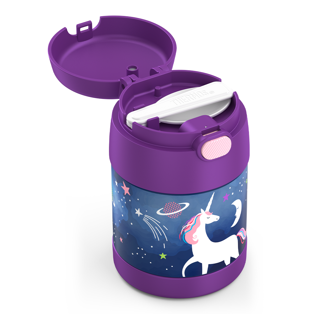 10 ounce Funtainer food jar, unicorn in space side view with lid open to show folded spoon in spoon compartment.