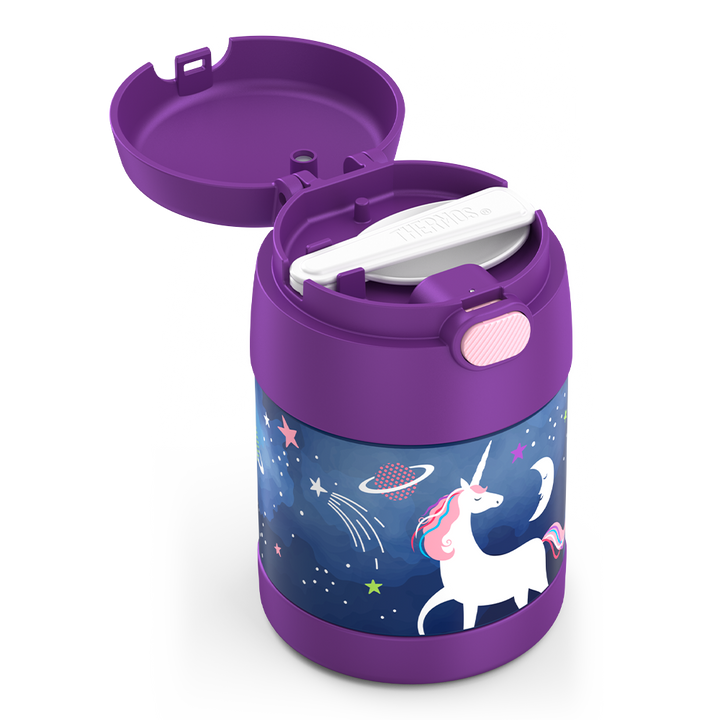 10 ounce Funtainer food jar, unicorn in space side view with lid open to show folded spoon in spoon compartment.