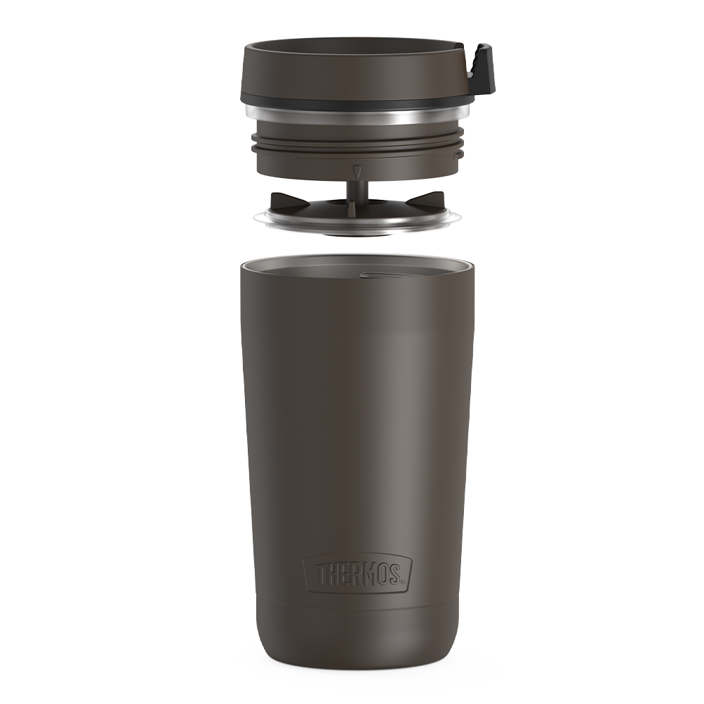 12 ounce alta tumbler, espresso black, lid unassembled.