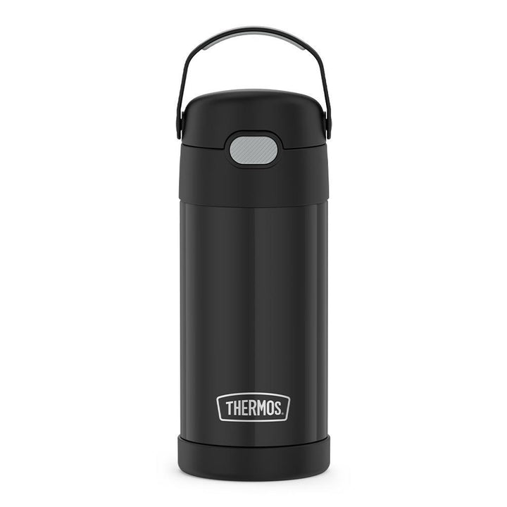 12 ounce Funtainer water bottle, black, front view.