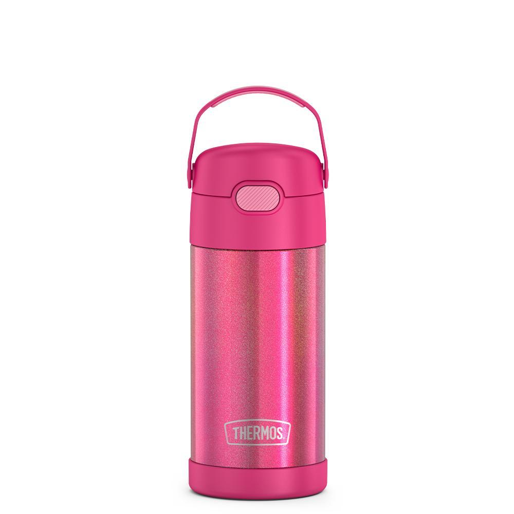 12 ounce iridescent pink Funtainer water bottle, front view, handle up.