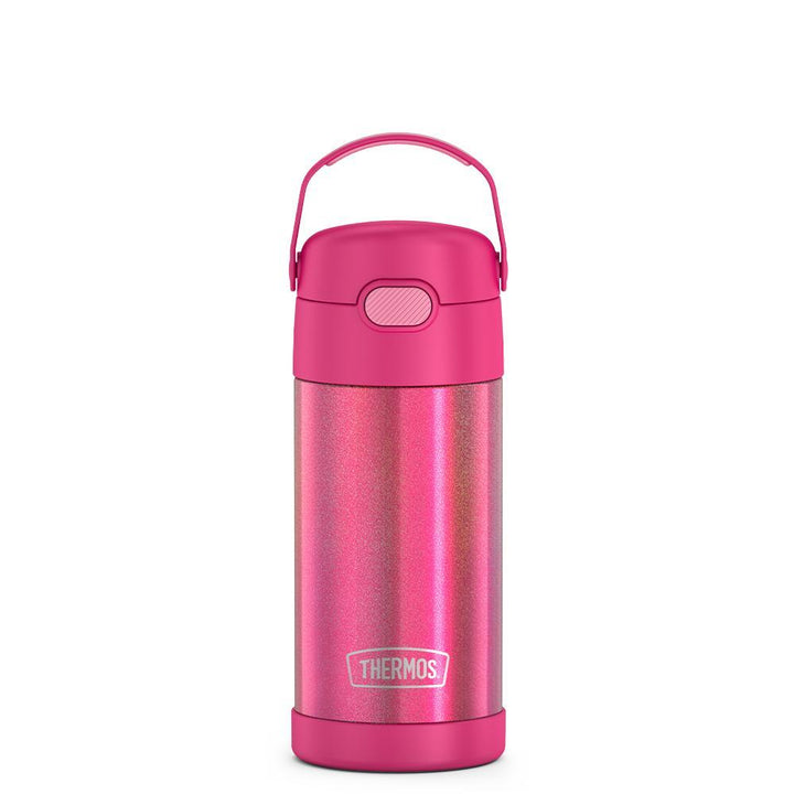 12 ounce iridescent pink Funtainer water bottle, front view, handle up.