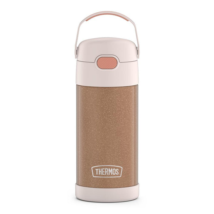 12 ounce Funtainer water bottle with handle up, Iridescent Rose Gold.