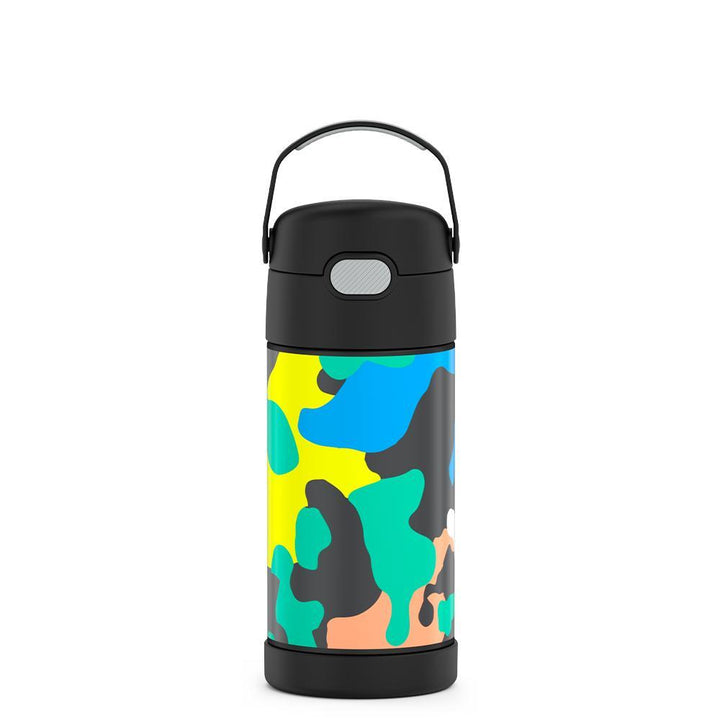 12 ounce Funtainer water bottle, Neon Camo Pattern.