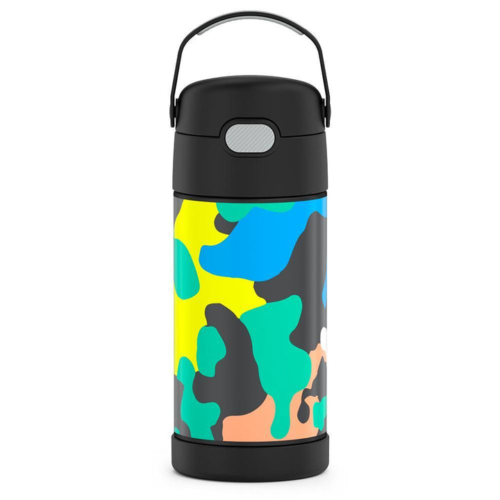 12 ounce Funtainer water bottle with handle up, Neon Camo Pattern.