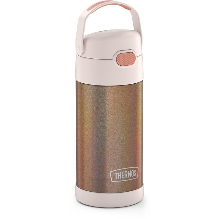 Funtainer kid water bottle in iridescent, sparkly rose gold color with handle up.
