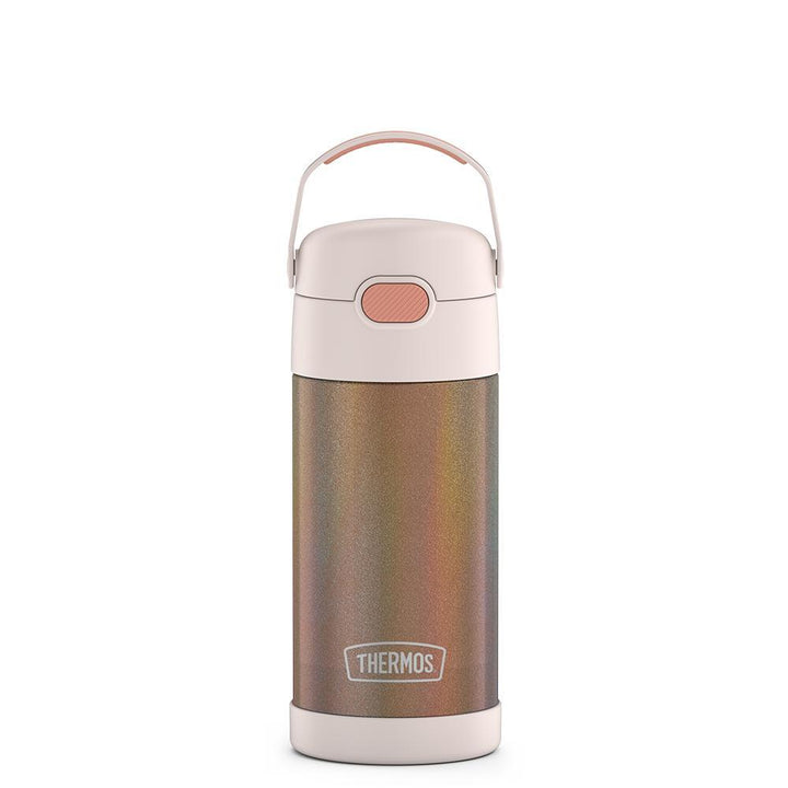 Funtainer kid water bottle in iridescent, sparkly rose gold color with handle up.