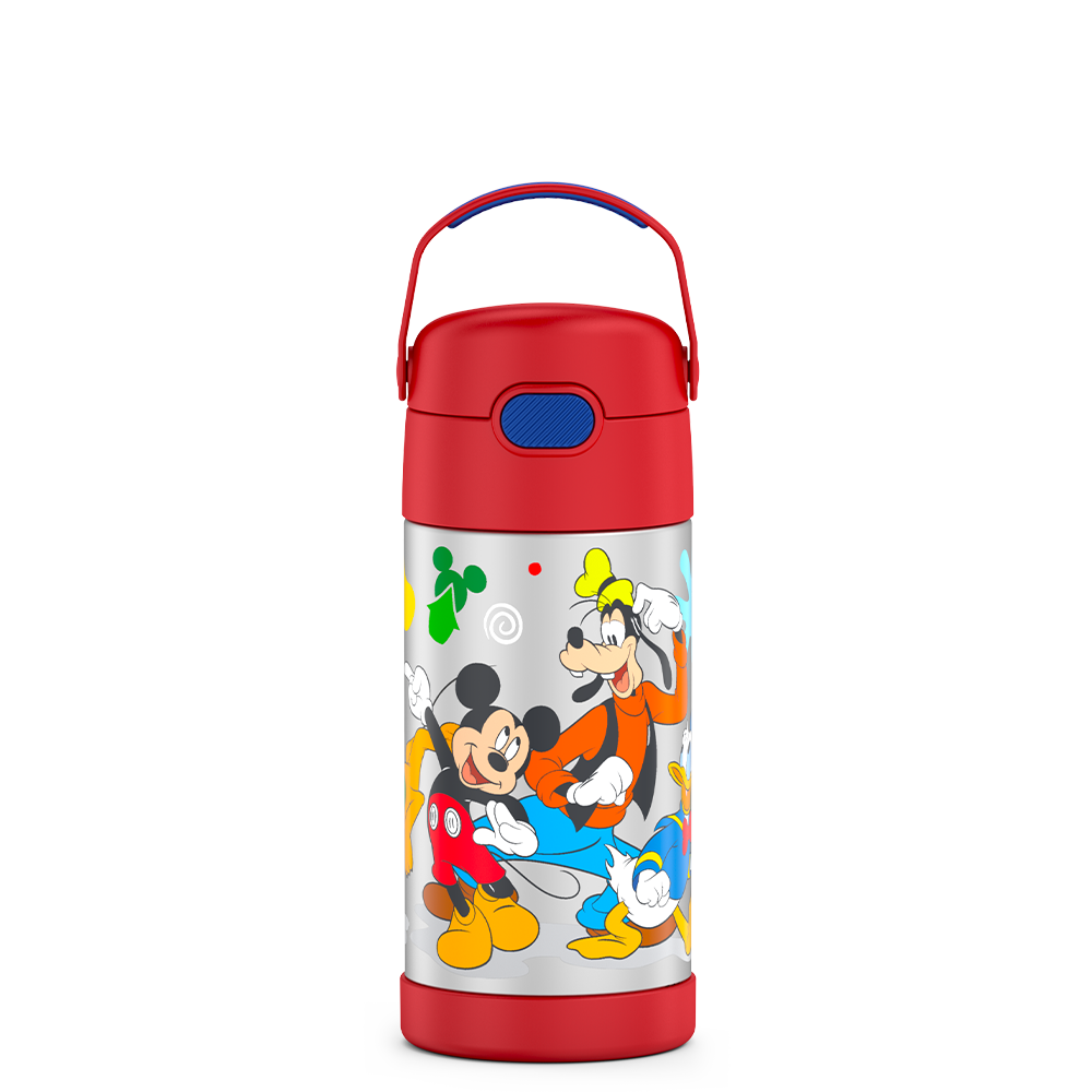 12 ounce Funtainer water bottle, Preschool Mickey Mouse, Red, front view, handle up.