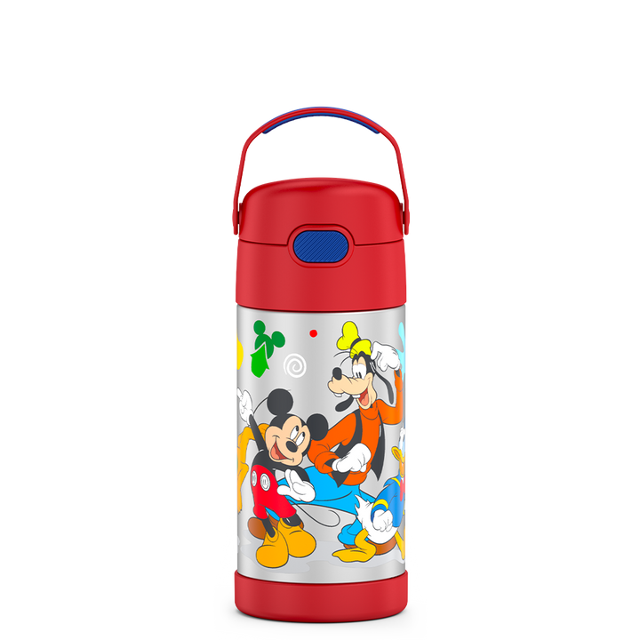 12 ounce Funtainer water bottle, Preschool Mickey Mouse, Red, front view, handle up.