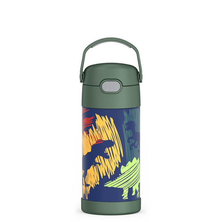 Funtainer water bottle with green lid and decorated with dinosaurs
