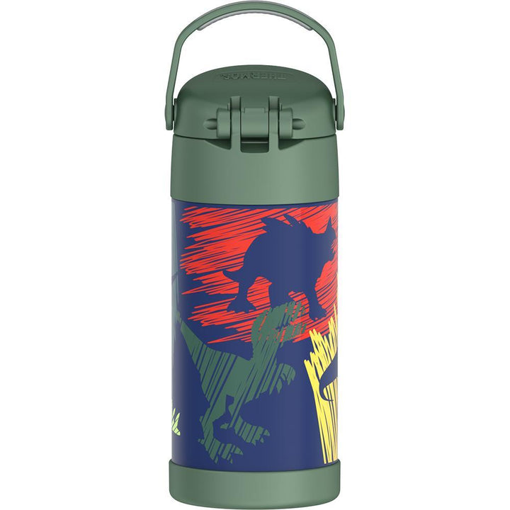 Funtainer water bottle with green lid and decorated with dinosaurs