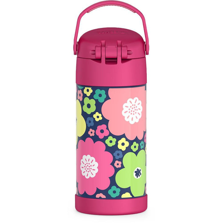 12 ounce Funtainer water bottle, back view, handle up, Mod Flowers Pattern.