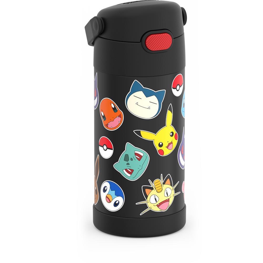 12 ounce Funtainer water bottle, Pokémon, side view, handle down.