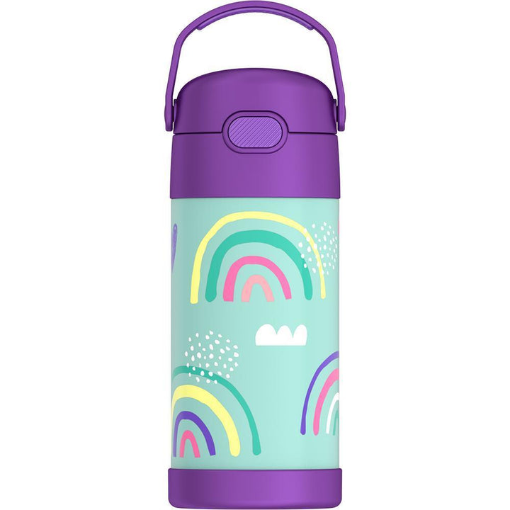 Funtainer water bottle with purple lid and decorated with rainbows and clouds