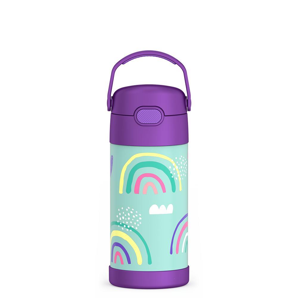 Funtainer water bottle with purple lid and decorated with rainbows and clouds.