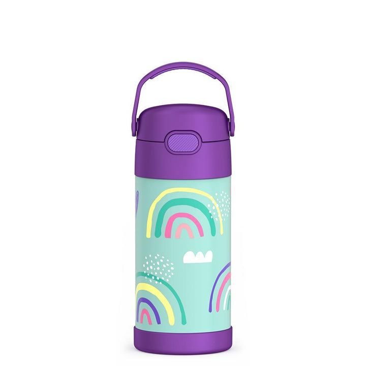 Funtainer water bottle with purple lid and decorated with rainbows and clouds.