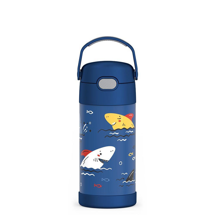 12 ounce Funtainer water bottle, friendly Sharks Pattern.