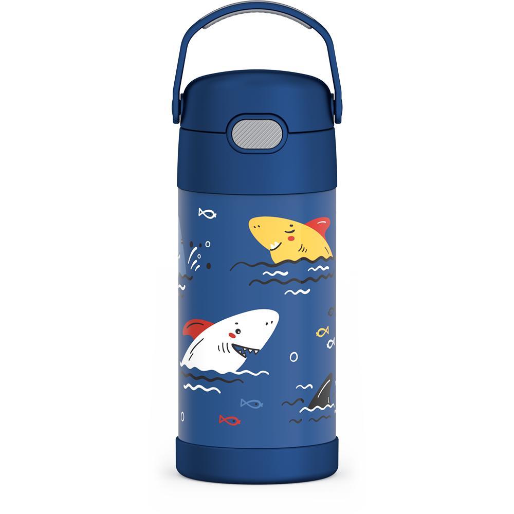 12 ounce Funtainer water bottle with handle up, friendly Sharks Pattern.
