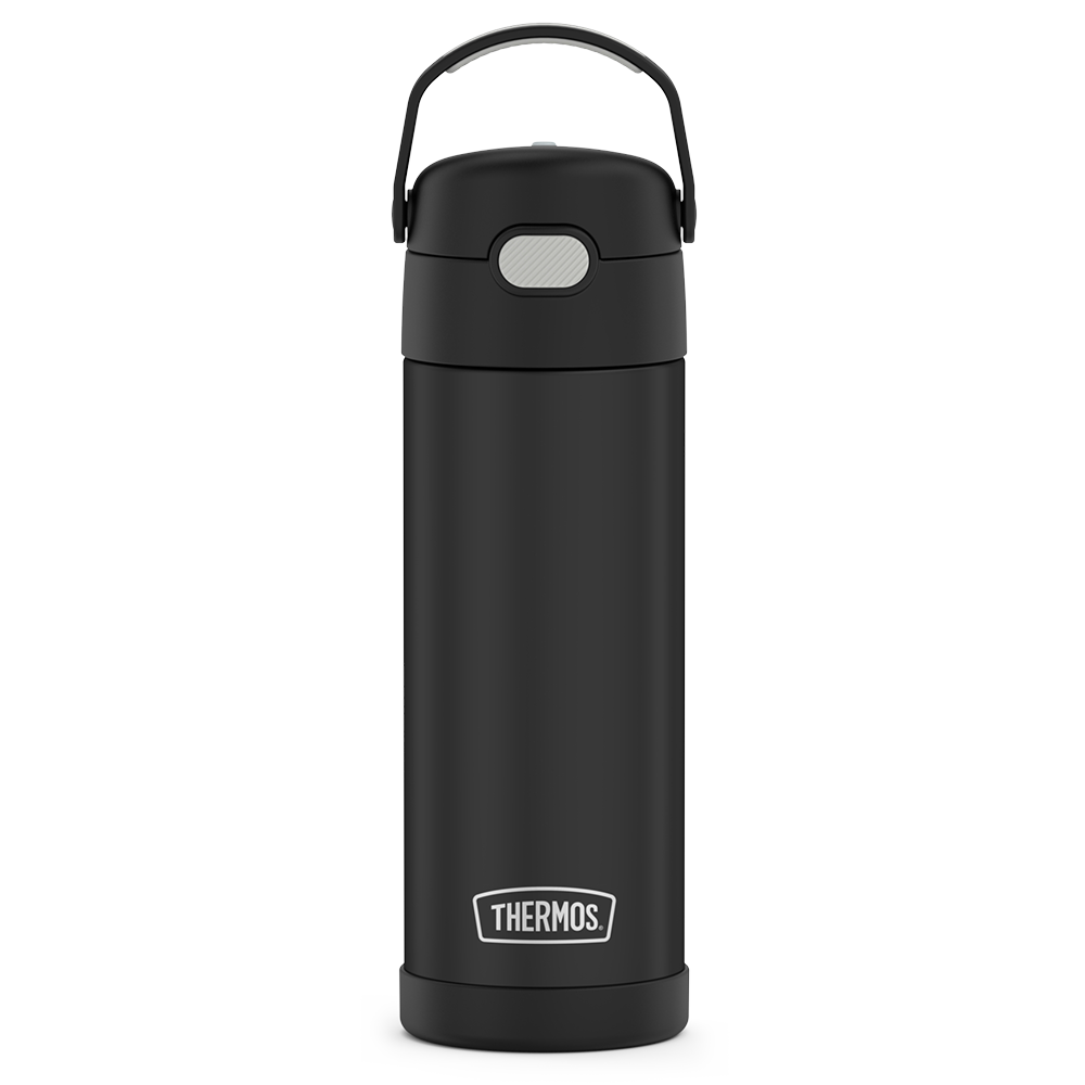  16-ounce Funtainer Stainless Steel Water Bottle with Spout, front view, Black.