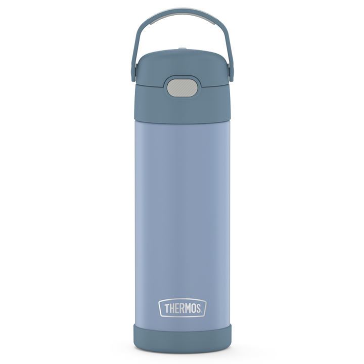  16-ounce  Funtainer Stainless Steel Water Bottle with Spout in Denim blue color, front view. 