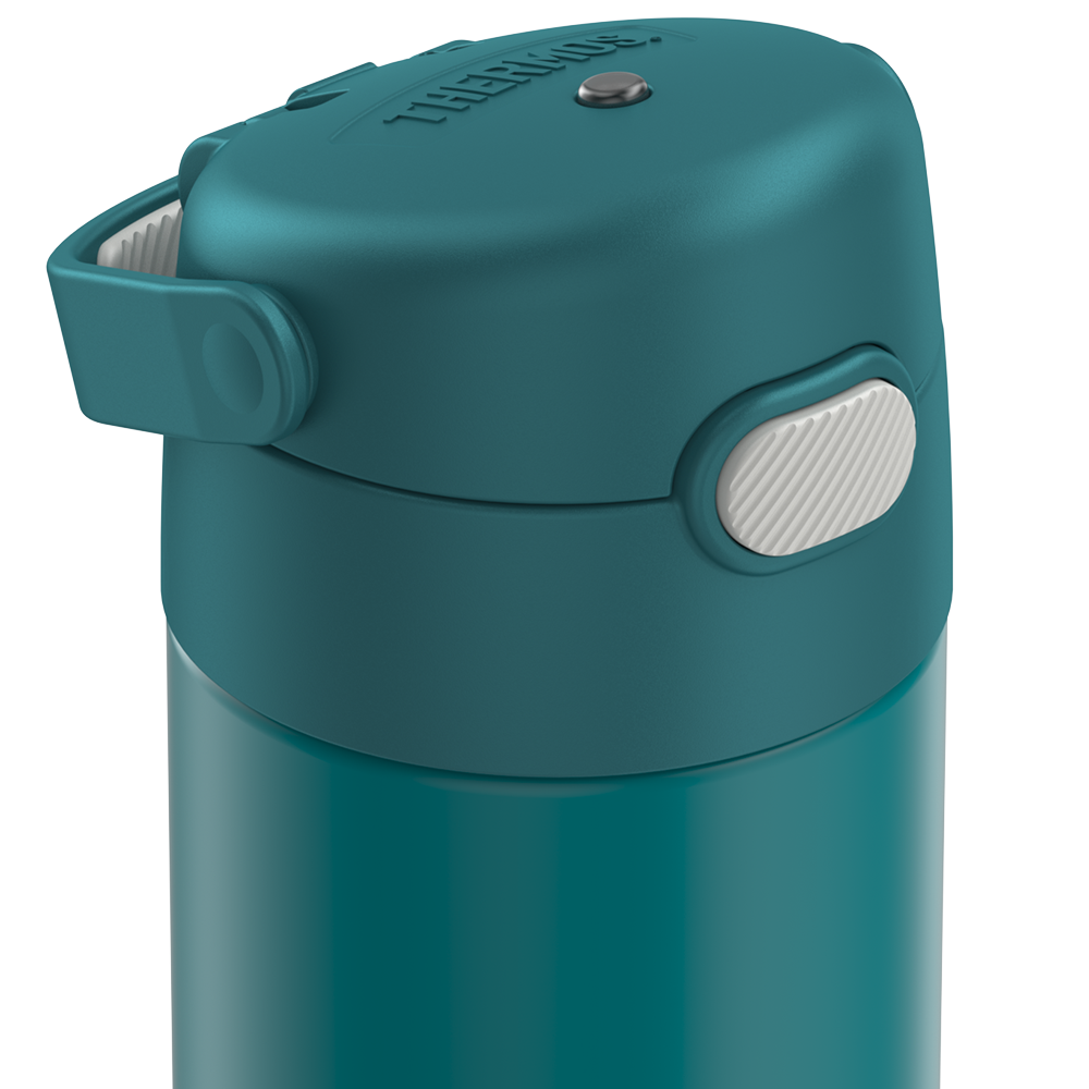 16-ounce Funtainer Stainless Steel Water Bottle with Spout, Dark Sea Green, side view, handle down.
